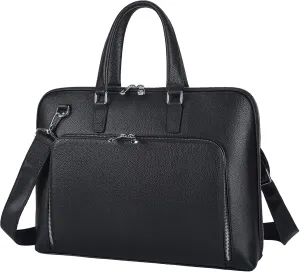 Masa Kawa Black Leather Slim Briefcase for Men Women Fits 15.6-16 Inch Laptop Professional Business Messenger Crossbody Shouder Bag Lawyer Ladies Office Work Brief Attche Case