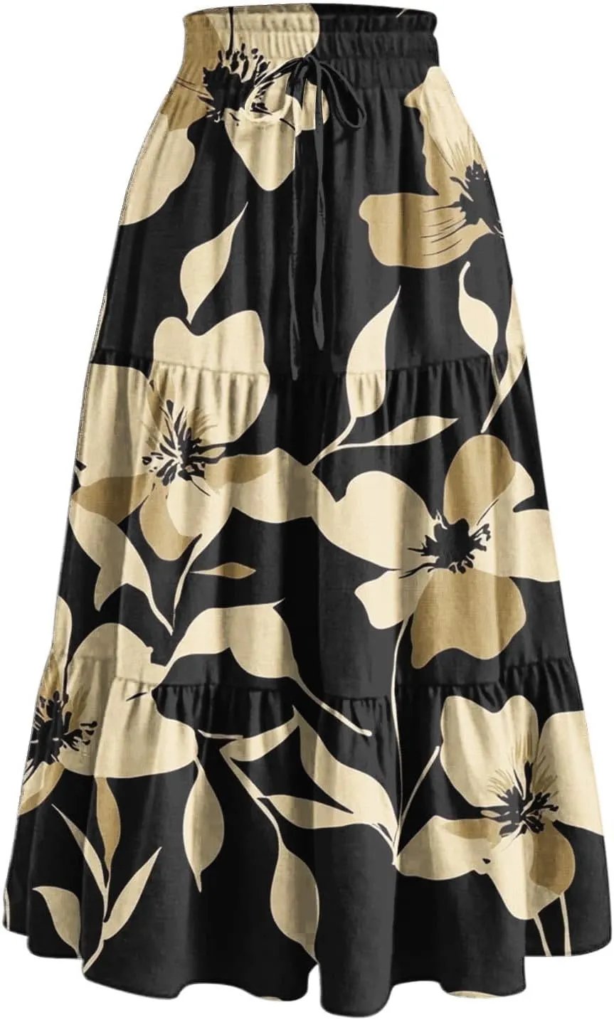 Maxi Skirts for Women 2025 Summer Fashion Flowy Pleated Long Skirt Casual Boho High Waisted Drawstring A Line Skirts