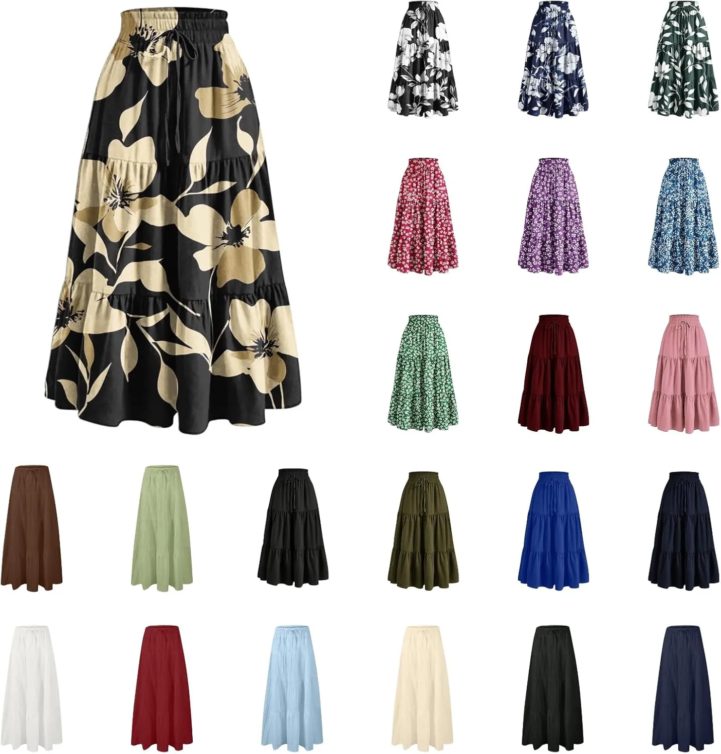 Maxi Skirts for Women 2025 Summer Fashion Flowy Pleated Long Skirt Casual Boho High Waisted Drawstring A Line Skirts