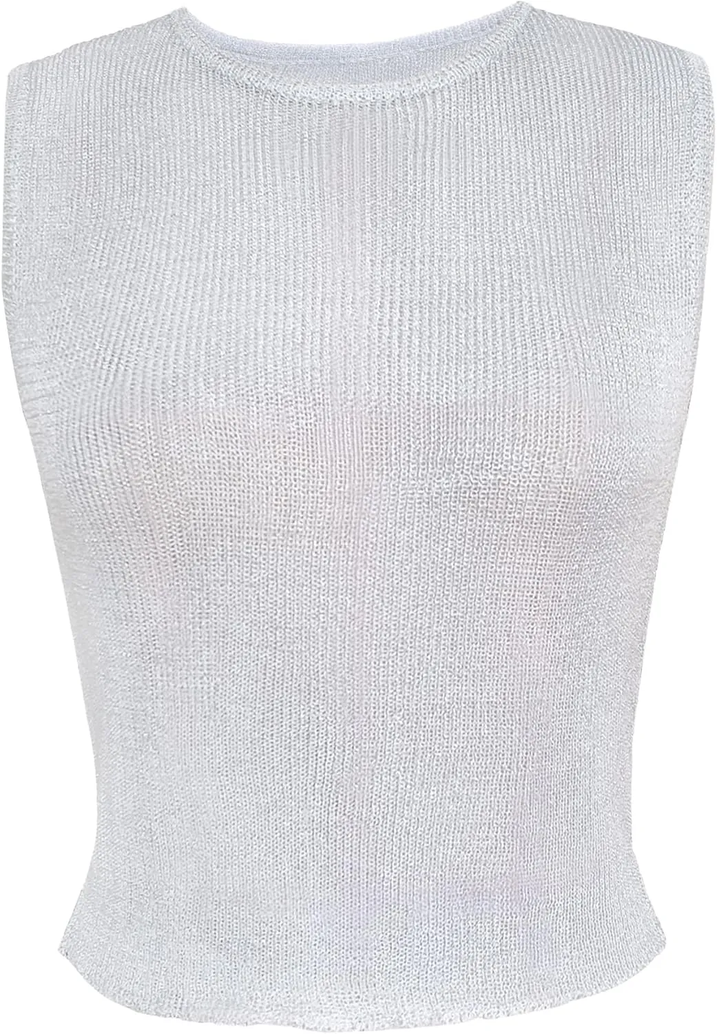 Meladyan Women Sexy Fishnet Knit Glittering Crop Tank Going Out Top Sheer Mesh Sleeveless Crewneck Solid Slim Cropped Tops