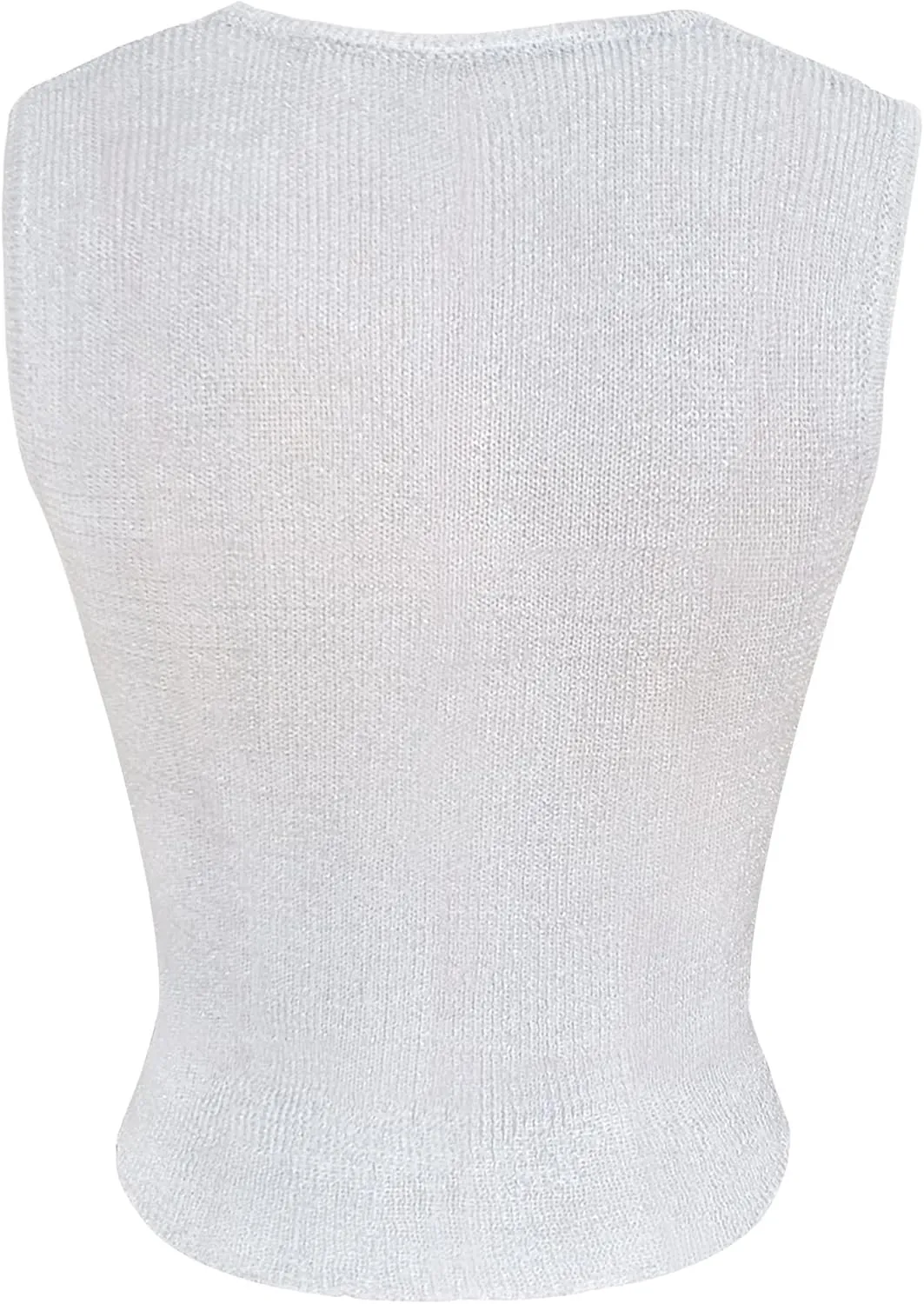 Meladyan Women Sexy Fishnet Knit Glittering Crop Tank Going Out Top Sheer Mesh Sleeveless Crewneck Solid Slim Cropped Tops