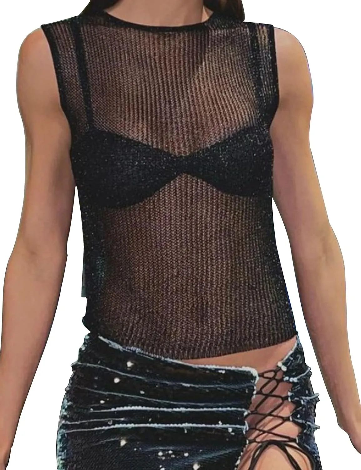 Meladyan Women Sexy Fishnet Knit Glittering Crop Tank Going Out Top Sheer Mesh Sleeveless Crewneck Solid Slim Cropped Tops