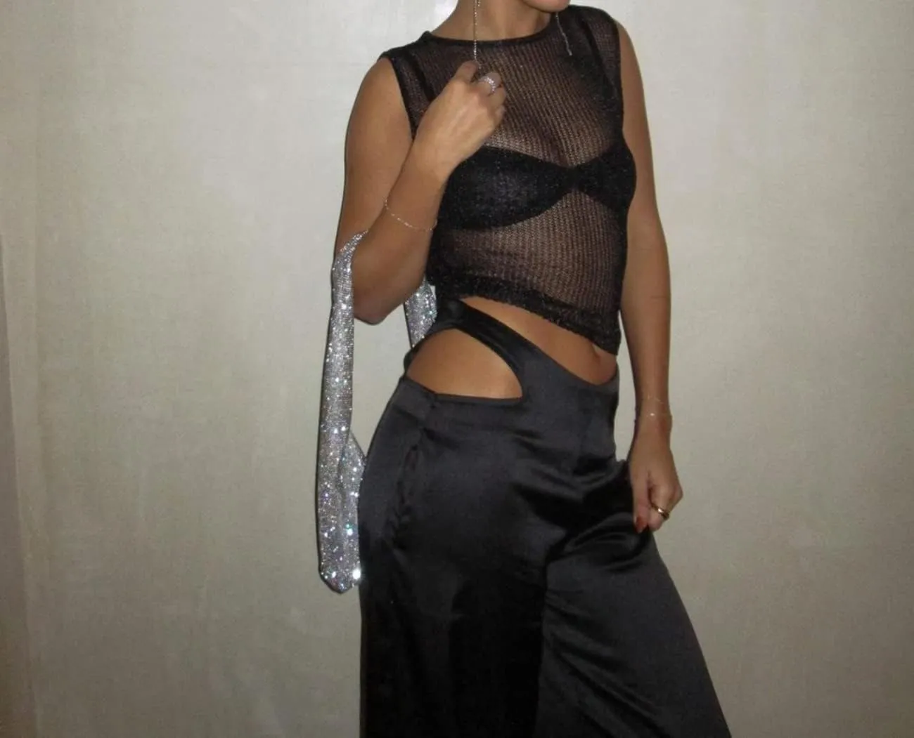 Meladyan Women Sexy Fishnet Knit Glittering Crop Tank Going Out Top Sheer Mesh Sleeveless Crewneck Solid Slim Cropped Tops