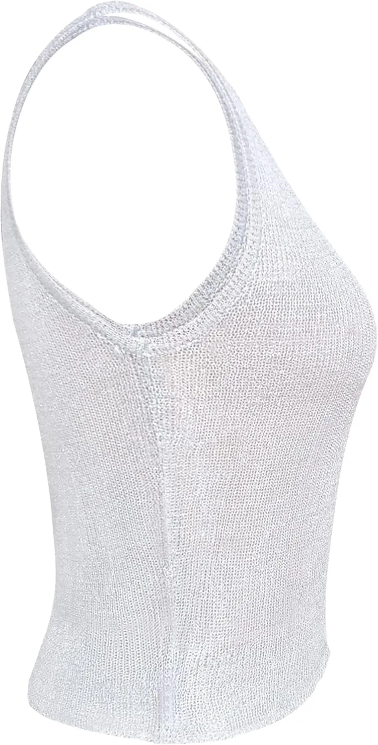 Meladyan Women Sexy Fishnet Knit Glittering Crop Tank Going Out Top Sheer Mesh Sleeveless Crewneck Solid Slim Cropped Tops