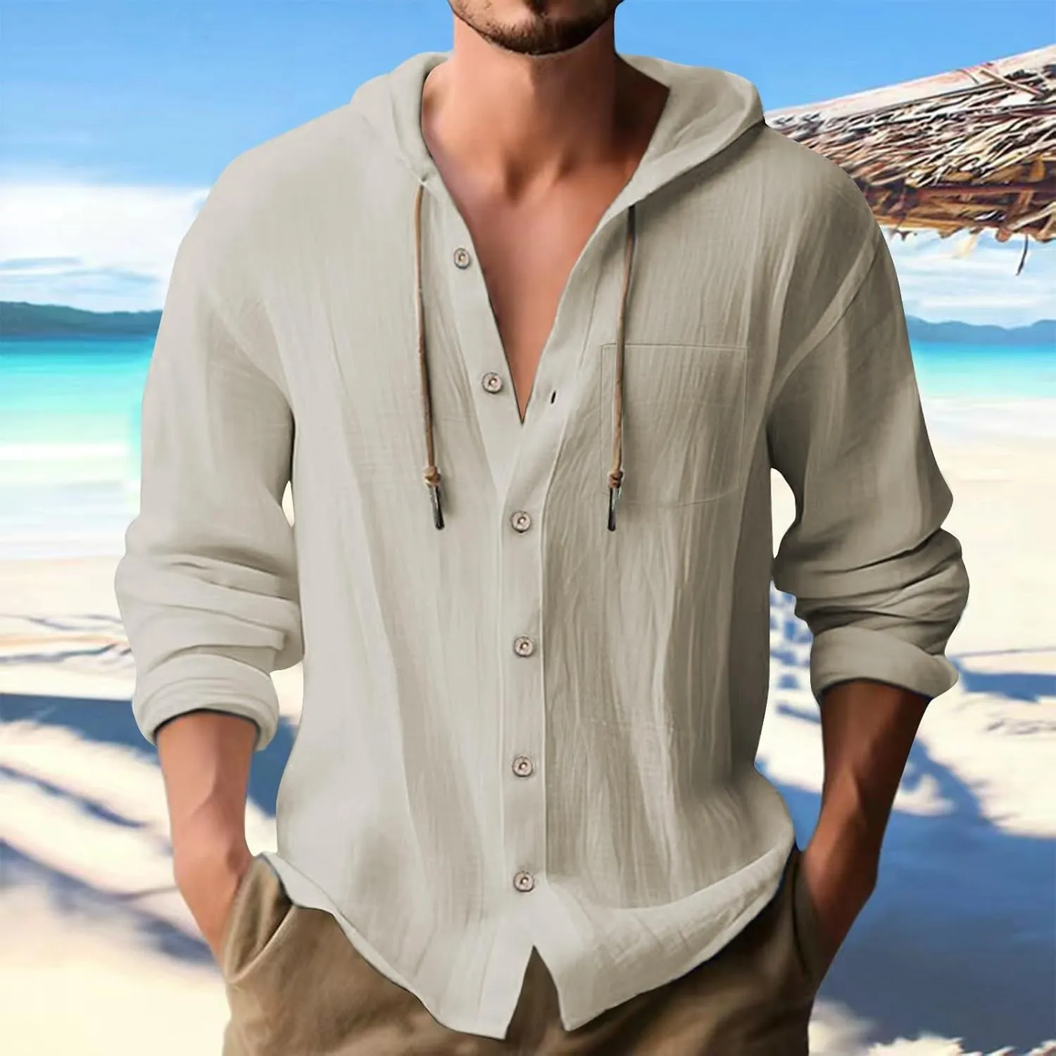 Men Custom Cotton Linen Hoodie Shirts Long Sleeve Hippie Button Beach Shirt Casual Hawaiian Vacation Tees with Pocket