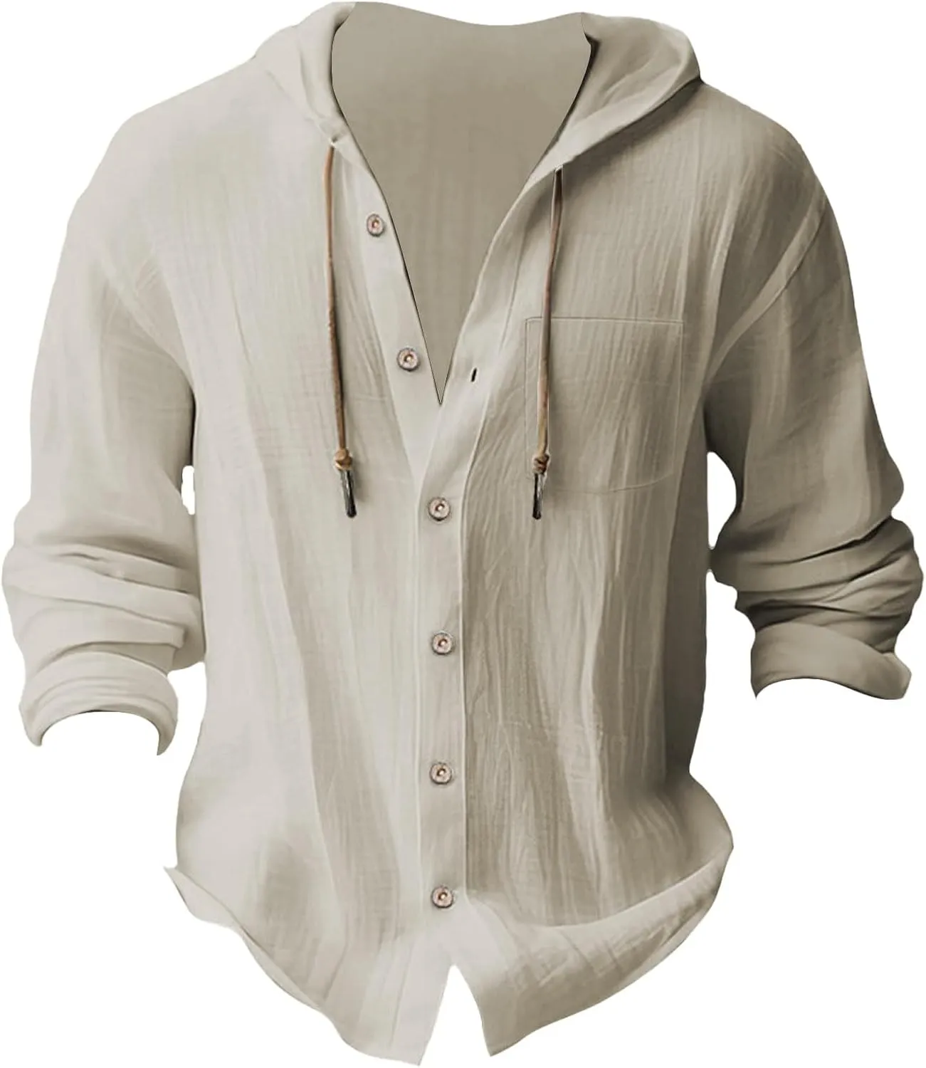 Men Custom Cotton Linen Hoodie Shirts Long Sleeve Hippie Button Beach Shirt Casual Hawaiian Vacation Tees with Pocket