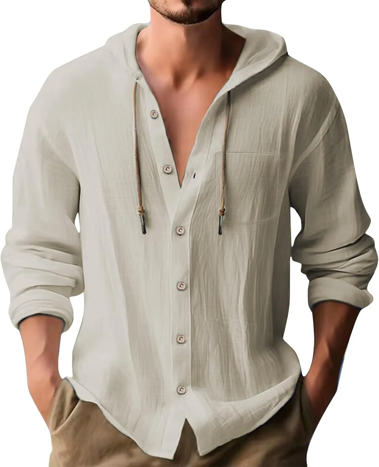 Men Custom Cotton Linen Hoodie Shirts Long Sleeve Hippie Button Beach Shirt Casual Hawaiian Vacation Tees with Pocket