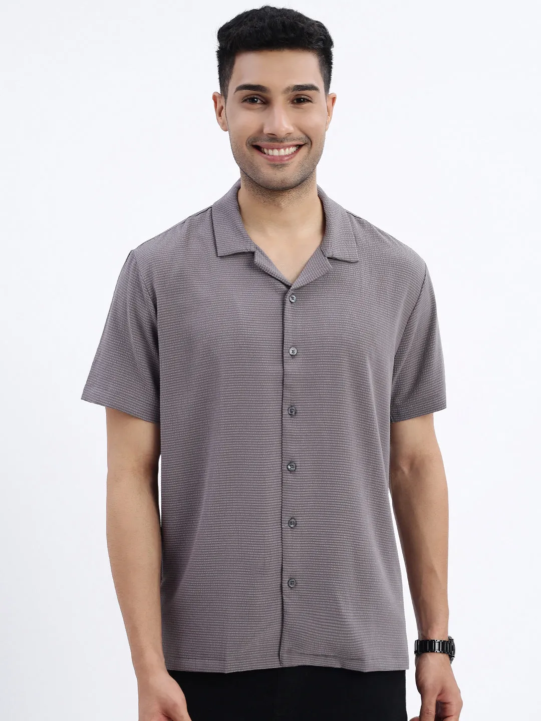 Men Grey Cuban Collar Relaxed Fit Casual Shirt
