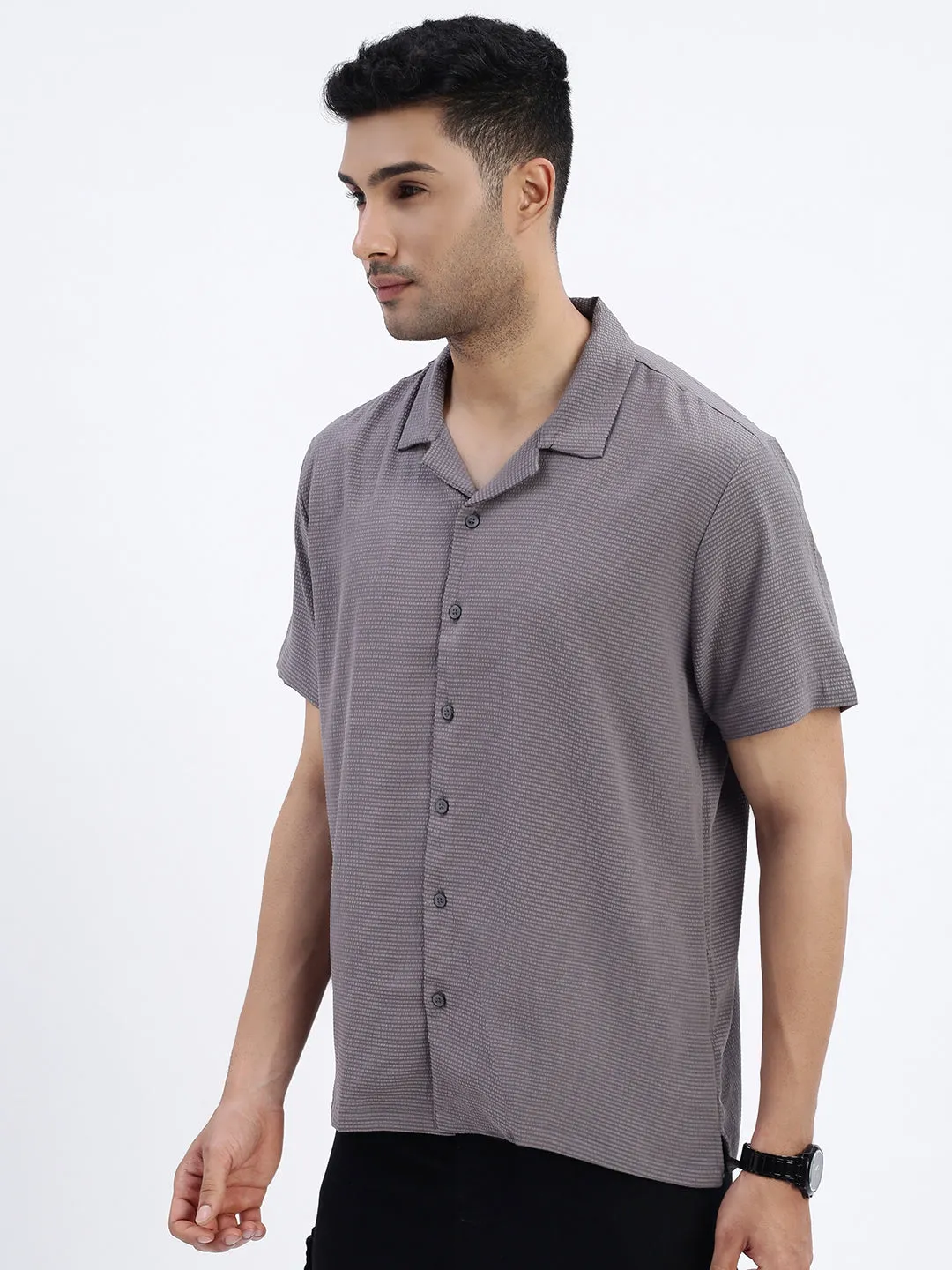 Men Grey Cuban Collar Relaxed Fit Casual Shirt
