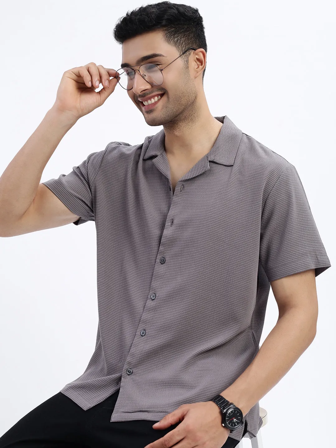 Men Grey Cuban Collar Relaxed Fit Casual Shirt