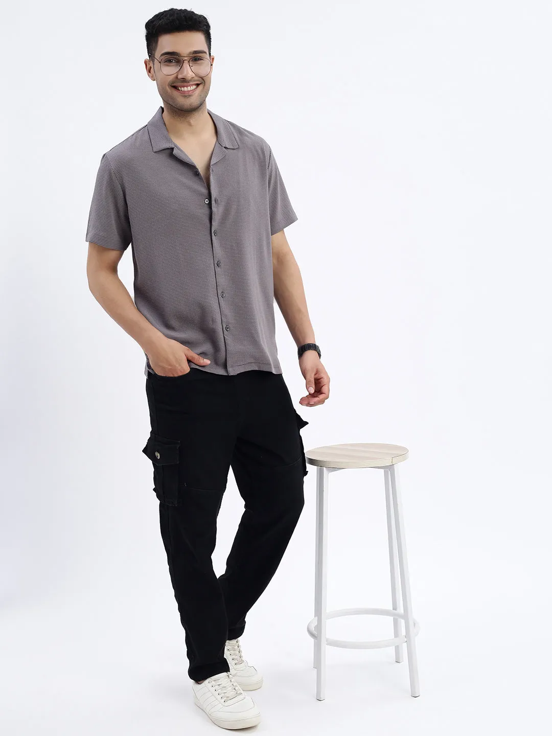 Men Grey Cuban Collar Relaxed Fit Casual Shirt