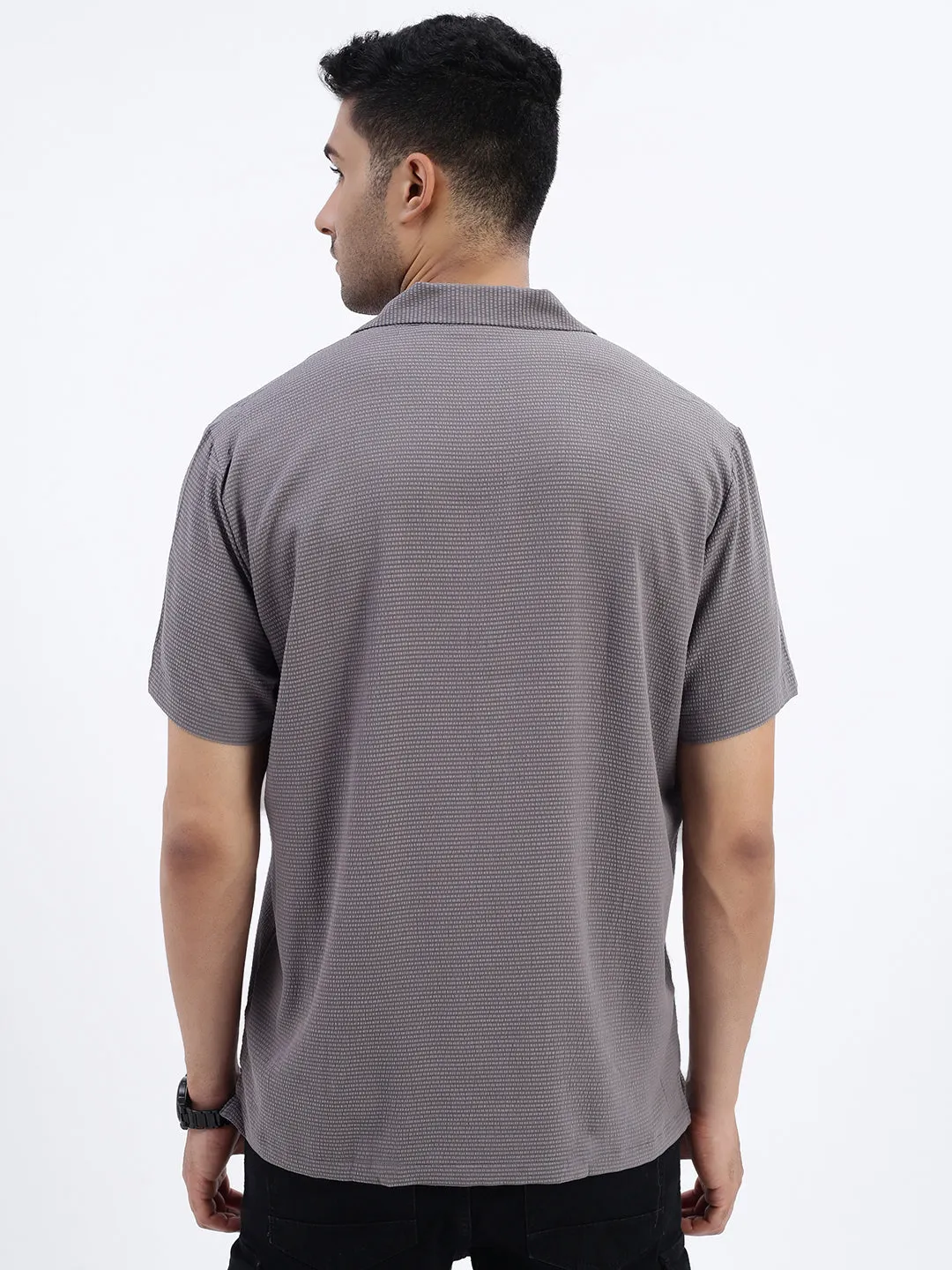 Men Grey Cuban Collar Relaxed Fit Casual Shirt