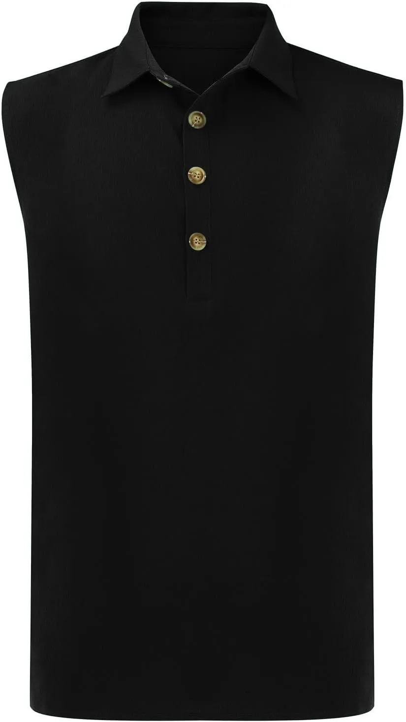 Men Summer Sleeveless Polo Shirt Casual 1/4 Button Up Workout Gym Tank Top Slim Fit Golf Henley See Summer Beach Vest
