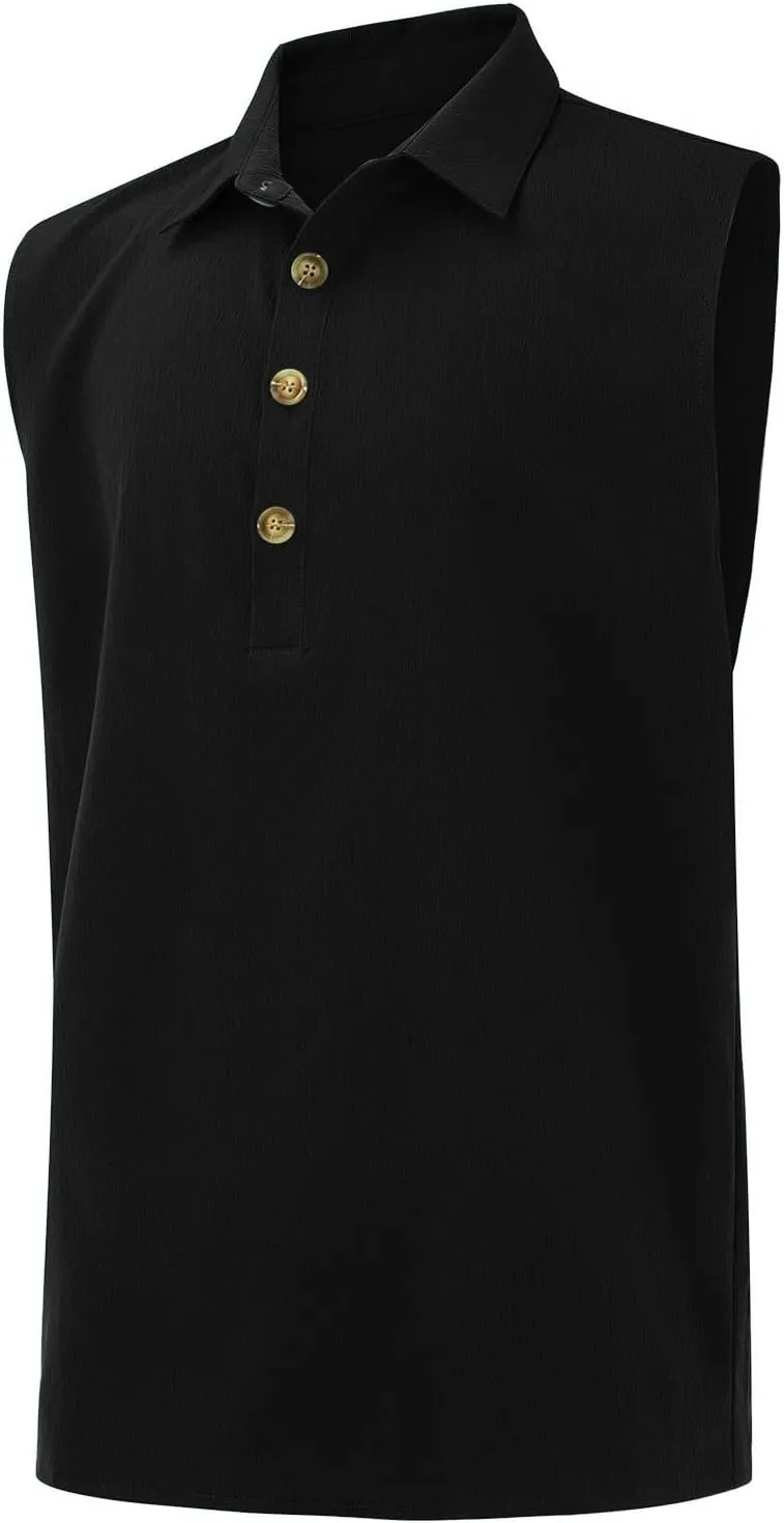 Men Summer Sleeveless Polo Shirt Casual 1/4 Button Up Workout Gym Tank Top Slim Fit Golf Henley See Summer Beach Vest