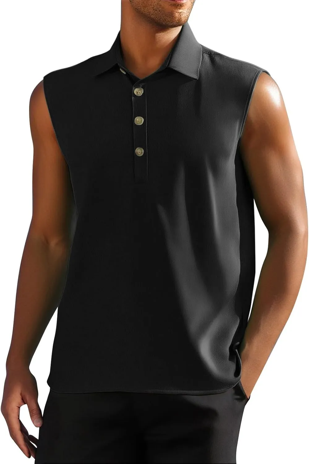Men Summer Sleeveless Polo Shirt Casual 1/4 Button Up Workout Gym Tank Top Slim Fit Golf Henley See Summer Beach Vest
