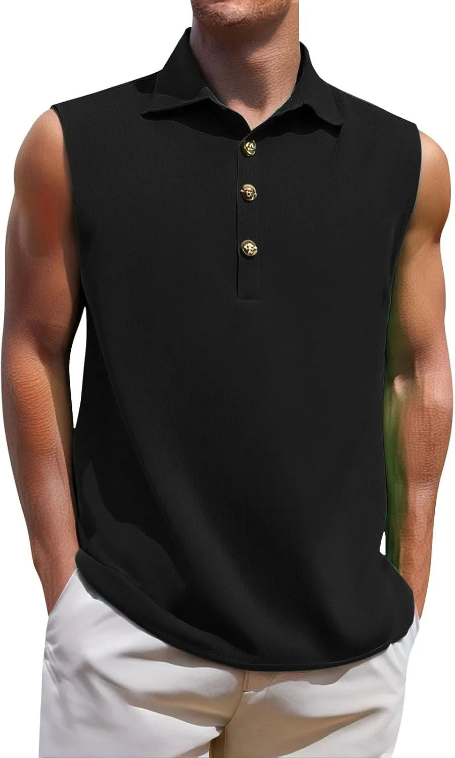 Men Summer Sleeveless Polo Shirt Casual 1/4 Button Up Workout Gym Tank Top Slim Fit Golf Henley See Summer Beach Vest