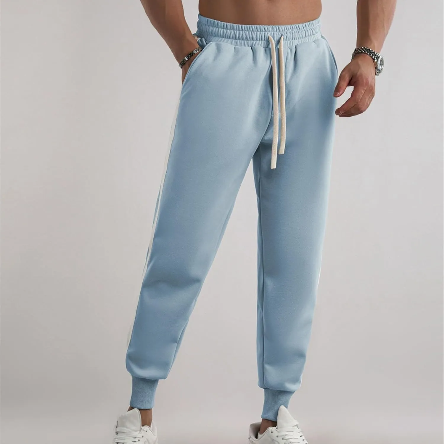 Mens Autumn and Winter Trend Versatile Tapered Pants Fashion High Waisted Solid Color Pants Drawstring Casual Loose Fit Pant