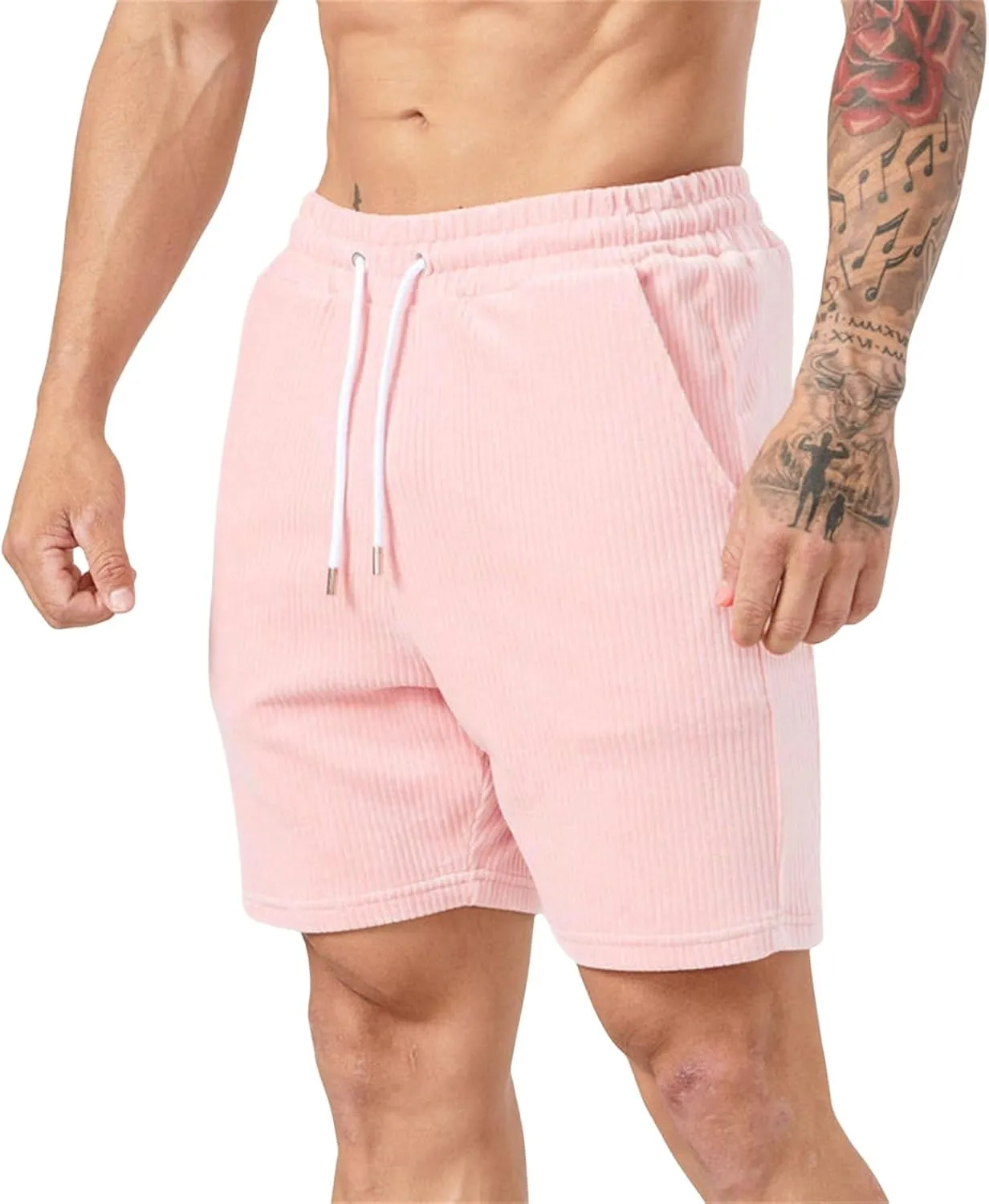 Men's Corduroy Athletic Shorts Gym Workout Drawstring Shorts Slim Fit Elastic Waist Pants Casual Running Sweat Pants