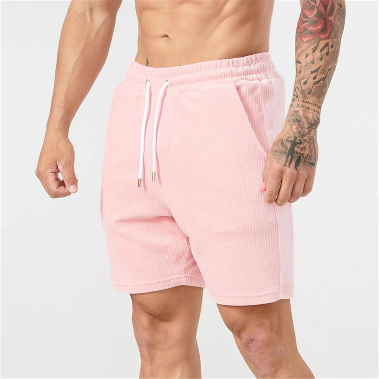 Men's Corduroy Athletic Shorts Gym Workout Drawstring Shorts Slim Fit Elastic Waist Pants Casual Running Sweat Pants