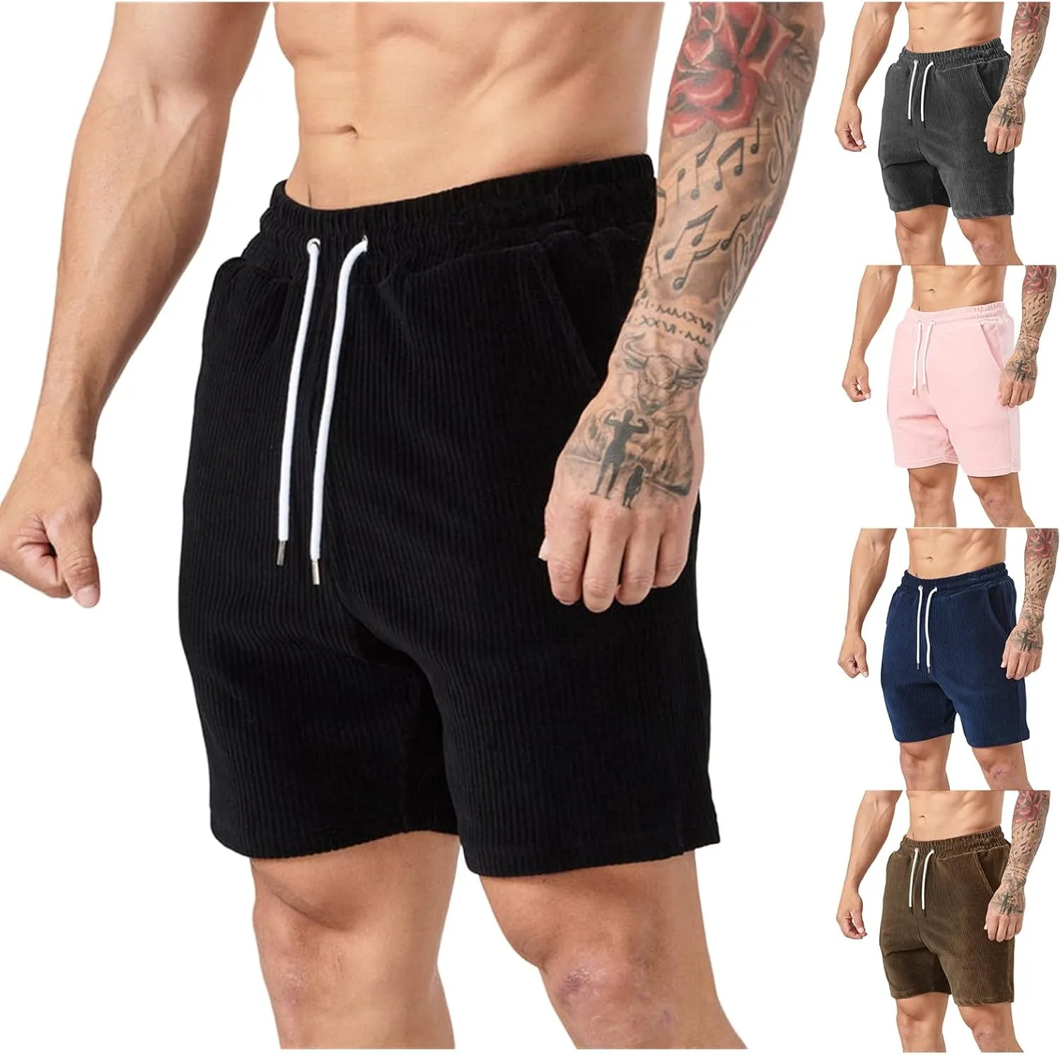 Men's Corduroy Athletic Shorts Gym Workout Drawstring Shorts Slim Fit Elastic Waist Pants Casual Running Sweat Pants