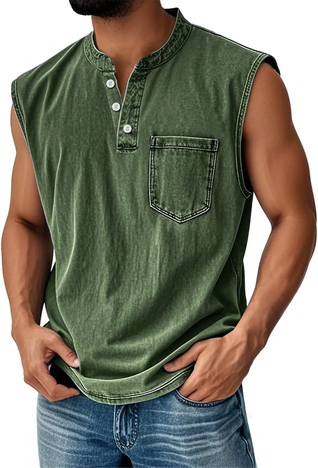 Men's Henley Shirts Washed Sleeveless Muscle Gym Workout Running Vintage Button Down Tank Tops with Chest Pocket