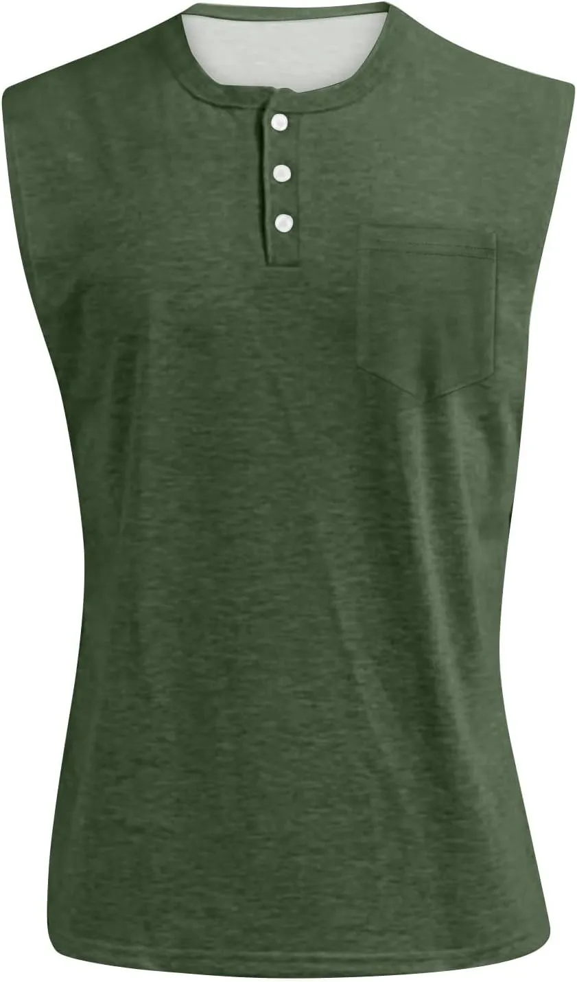Men's Henley Shirts Washed Sleeveless Muscle Gym Workout Running Vintage Button Down Tank Tops with Chest Pocket