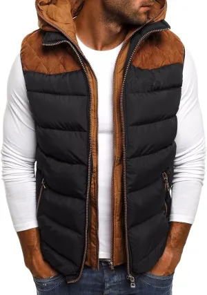 Men's Lightweight Quilted Jacket Vest Fashion Spell Color Vest Zipper Cotton-Padded Coat with Hooded Fall Winter