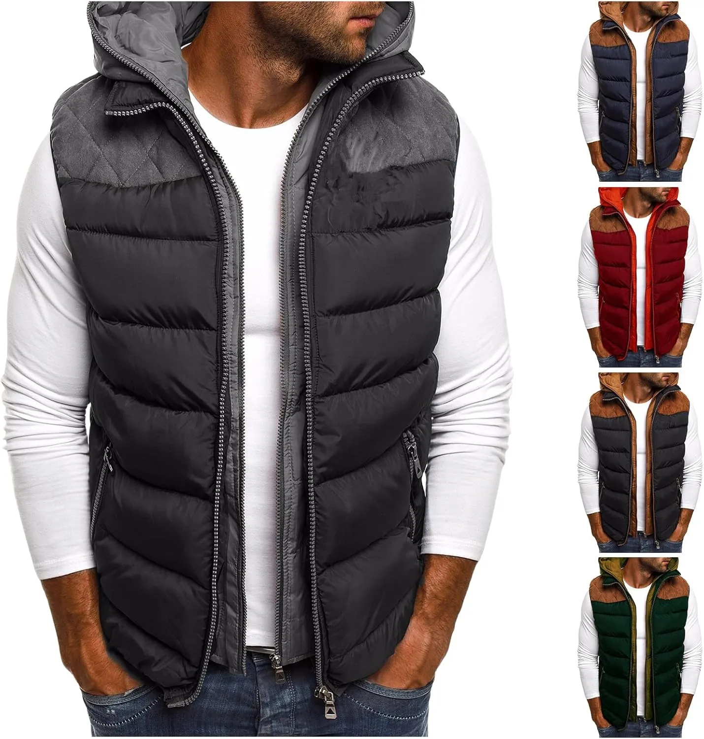 Men's Lightweight Quilted Jacket Vest Fashion Spell Color Vest Zipper Cotton-Padded Coat with Hooded Fall Winter