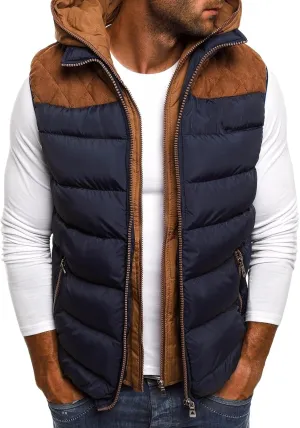 Men's Lightweight Quilted Jacket Vest Fashion Spell Color Vest Zipper Cotton-Padded Coat with Hooded Fall Winter
