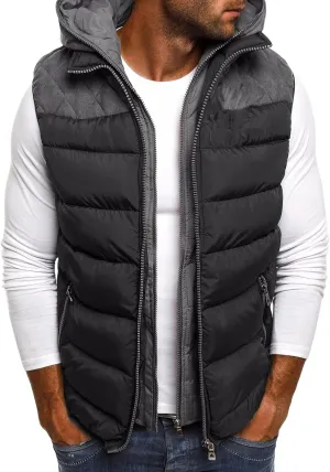 Men's Lightweight Quilted Jacket Vest Fashion Spell Color Vest Zipper Cotton-Padded Coat with Hooded Fall Winter