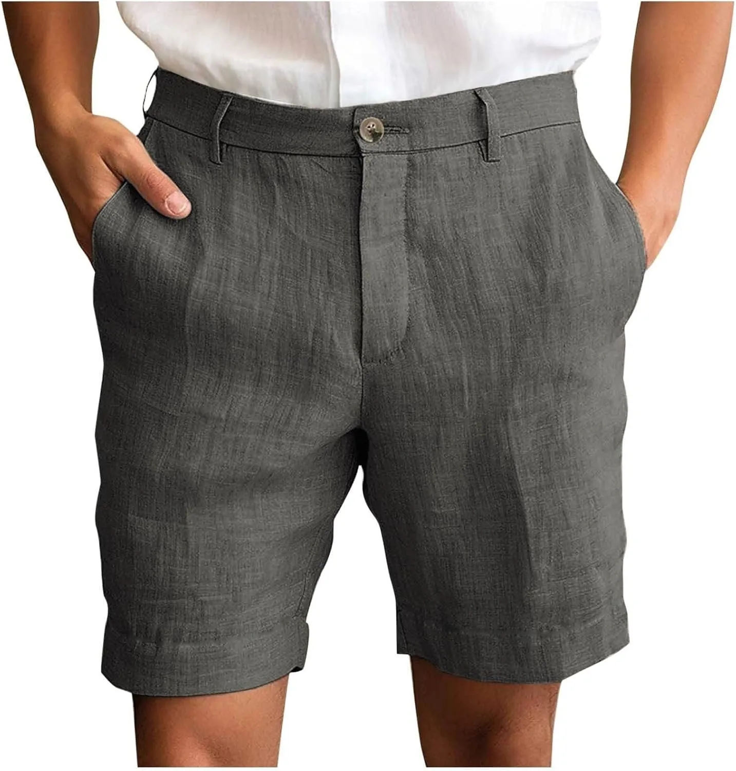 Mens Linen Cotton Shorts Casual Elastic Waist Drawstring Lightweight Summer Beach Shorts with Pockets