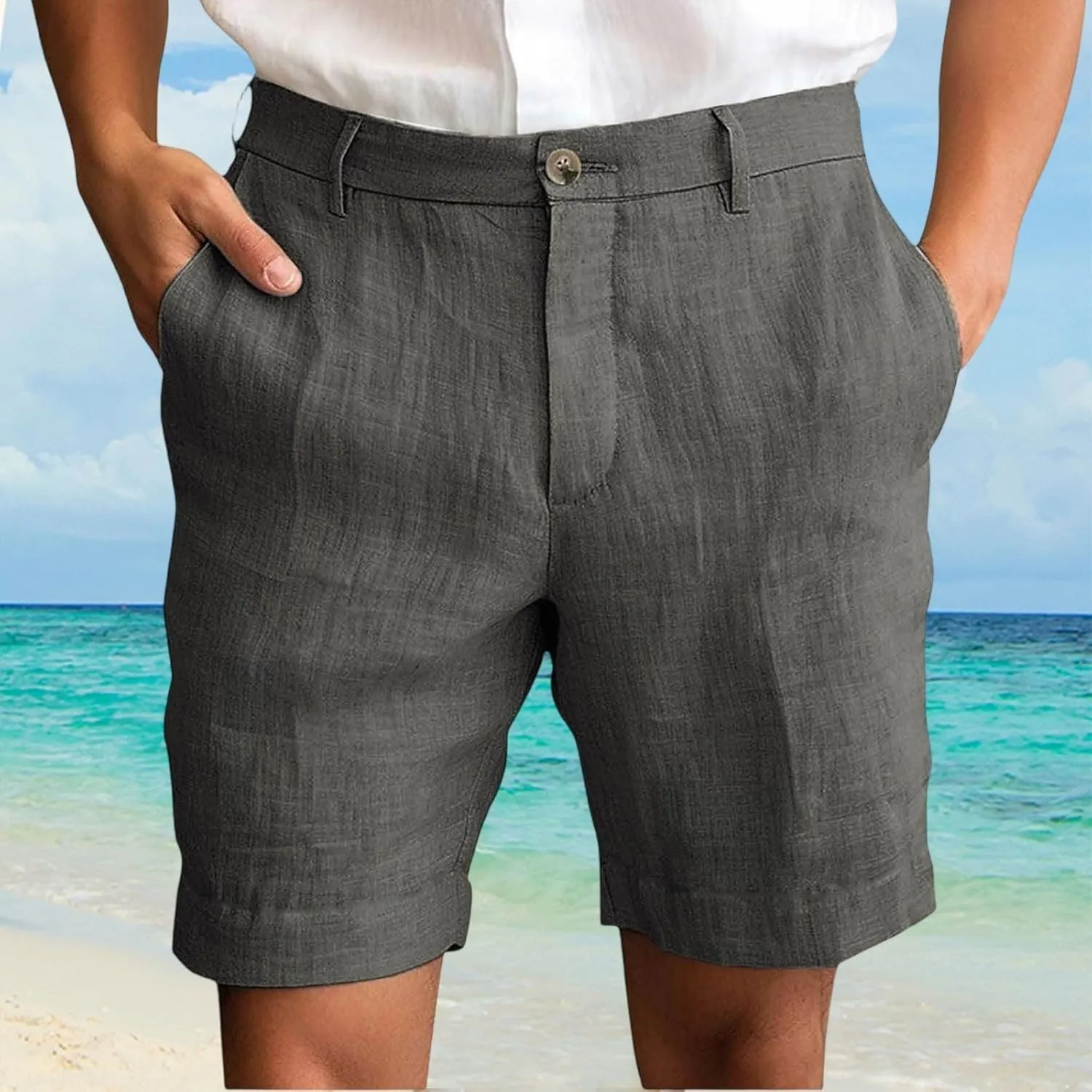 Mens Linen Cotton Shorts Casual Elastic Waist Drawstring Lightweight Summer Beach Shorts with Pockets