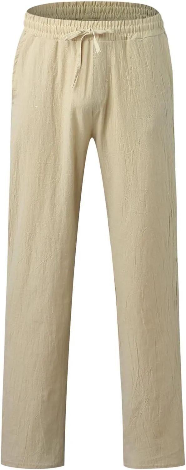 Mens Linen Pants Lightweight Casual Relaxed Fit Wide Leg Trousers Breathable Drawstring Waist Pants Baggy Joggers