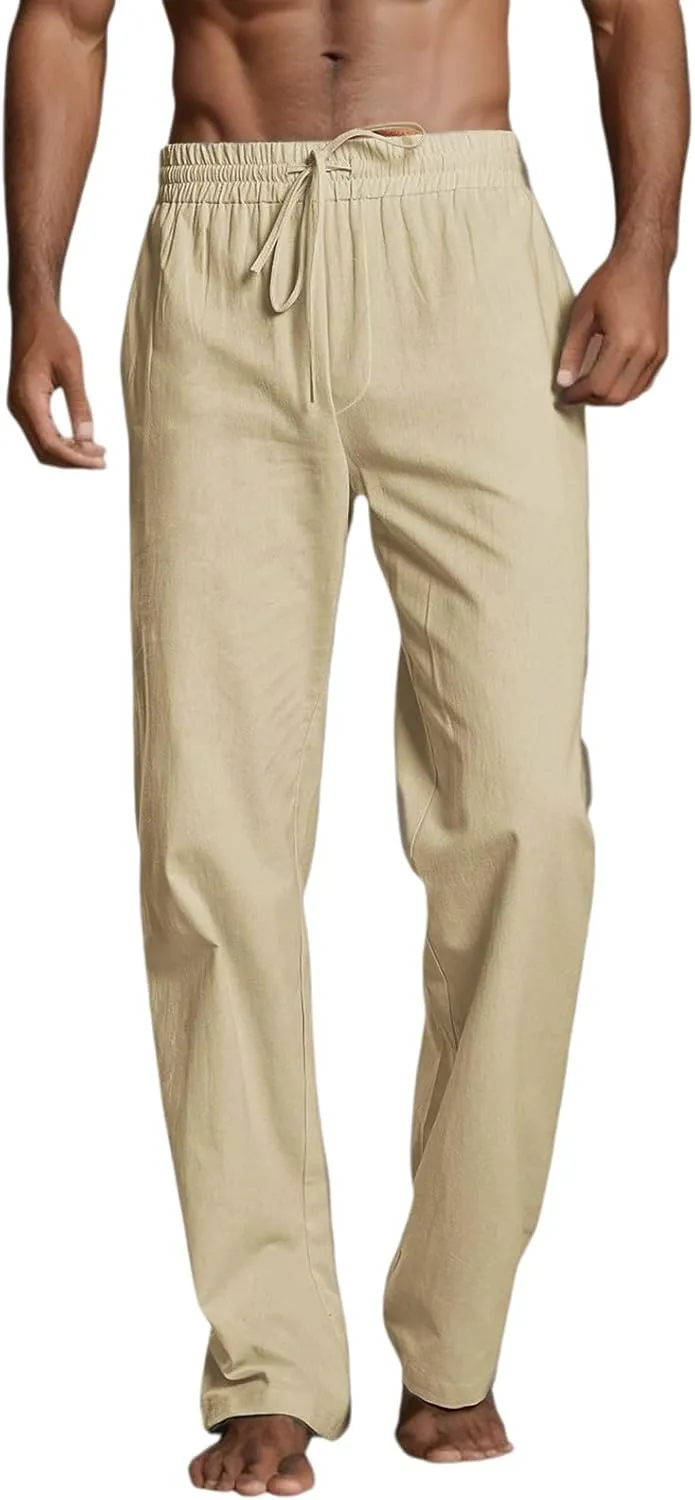 Mens Linen Pants Lightweight Casual Relaxed Fit Wide Leg Trousers Breathable Drawstring Waist Pants Baggy Joggers