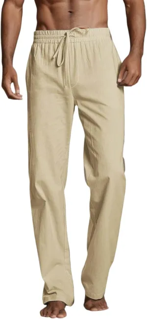 Mens Linen Pants Lightweight Casual Relaxed Fit Wide Leg Trousers Breathable Drawstring Waist Pants Baggy Joggers