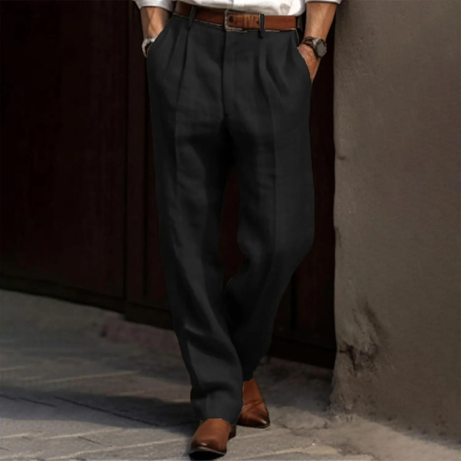 Men's Linen Pants Lightweight Casual Yoga Beach Pants Fit Comfort Trousers Hemmed Dress Pants for Versatile Style