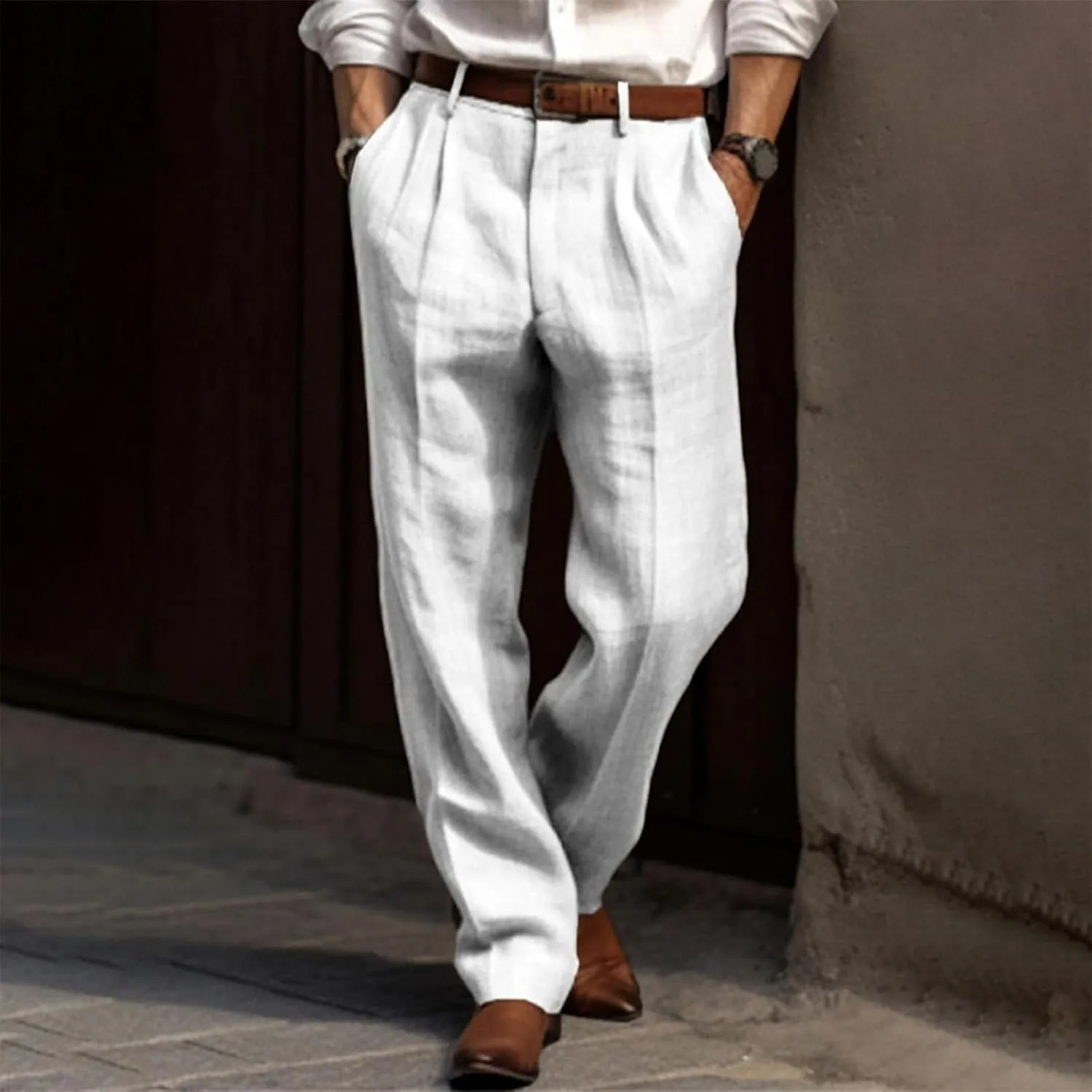 Men's Linen Pants Lightweight Casual Yoga Beach Pants Fit Comfort Trousers Hemmed Dress Pants for Versatile Style
