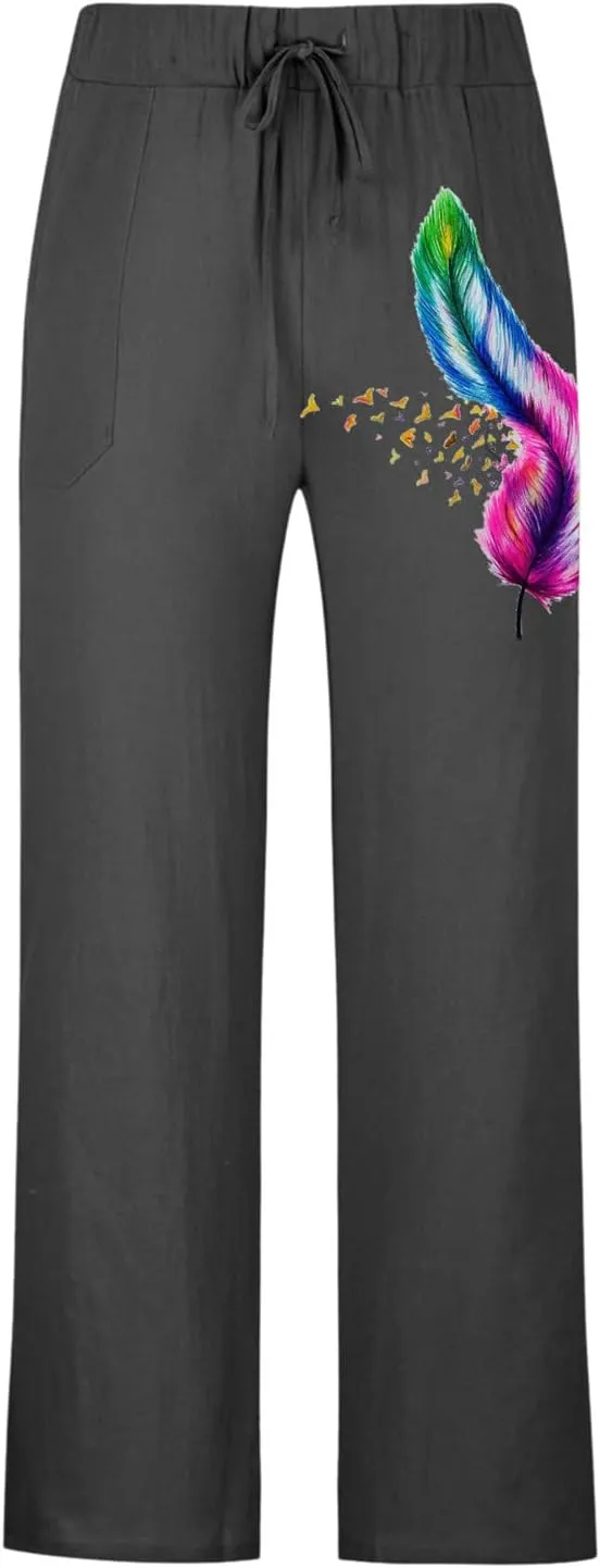 Mens Linen Printed Pants Elastic Waist Drawstring Lightweight Trouser Casual Yoga Summer Beach Pant with Pockets