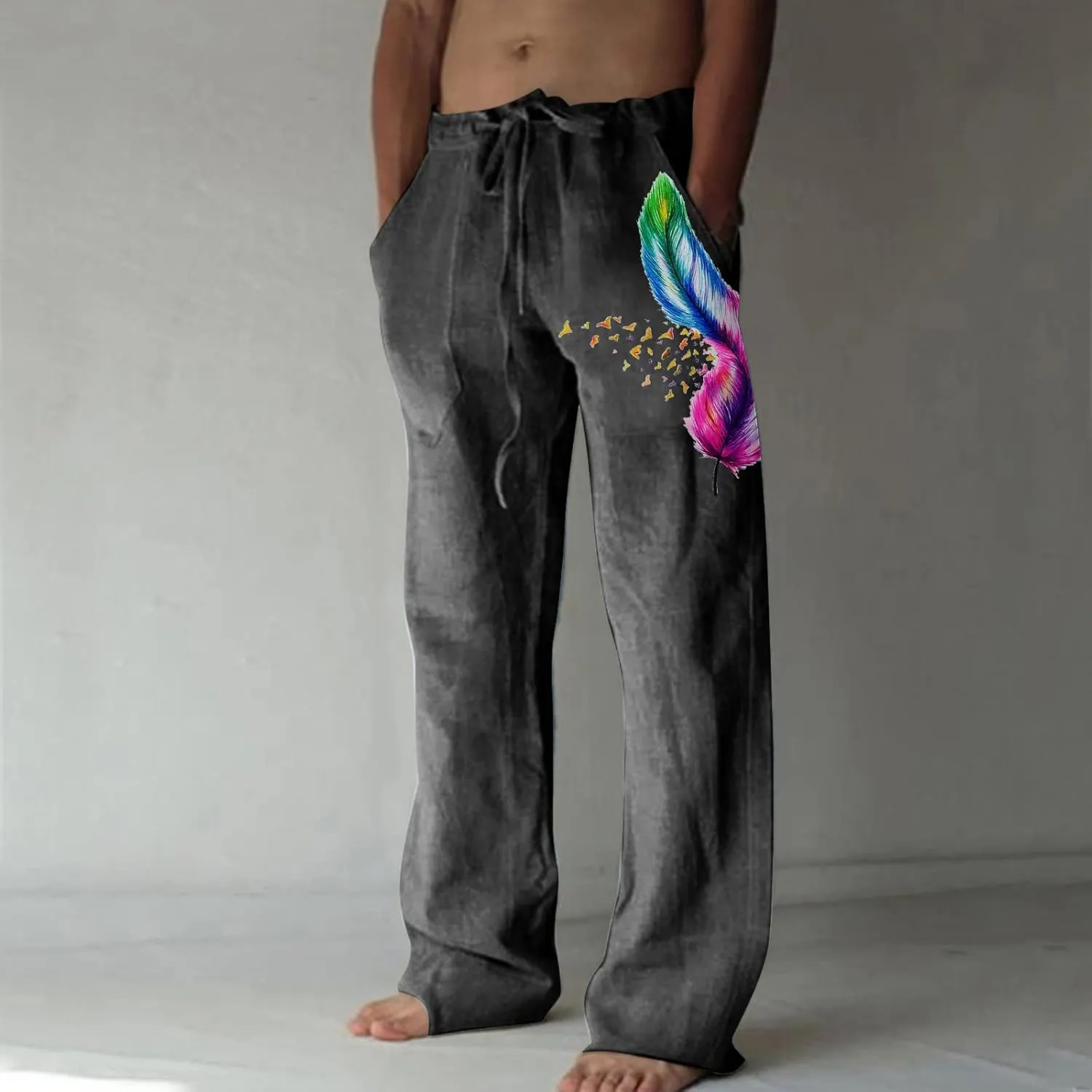 Mens Linen Printed Pants Elastic Waist Drawstring Lightweight Trouser Casual Yoga Summer Beach Pant with Pockets