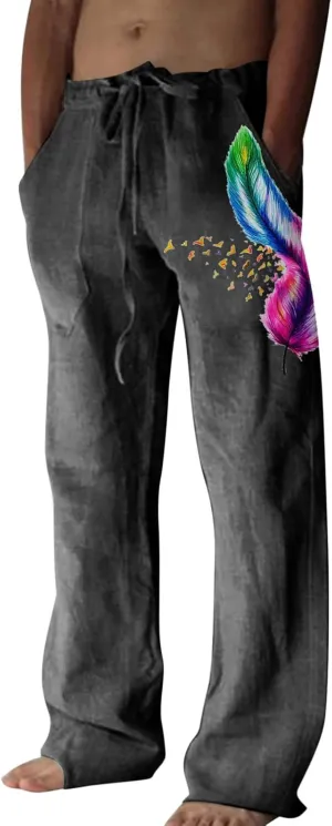 Mens Linen Printed Pants Elastic Waist Drawstring Lightweight Trouser Casual Yoga Summer Beach Pant with Pockets