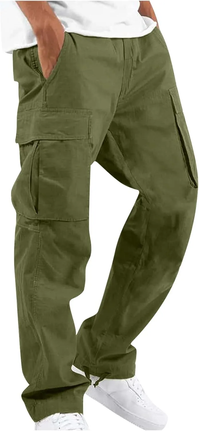 Mens Pants Cargo Drawstring Elastic Waist Sweatpants with Zipper Pockets Relaxed Fit Baggy Pants Joggers Trousers