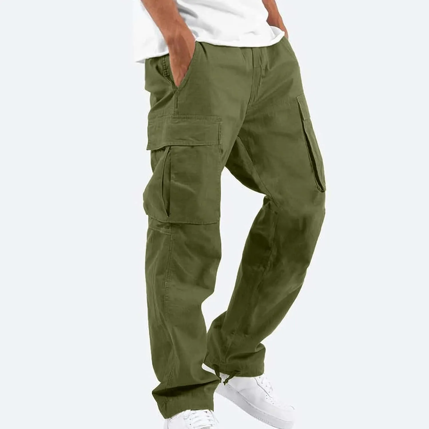 Mens Pants Cargo Drawstring Elastic Waist Sweatpants with Zipper Pockets Relaxed Fit Baggy Pants Joggers Trousers