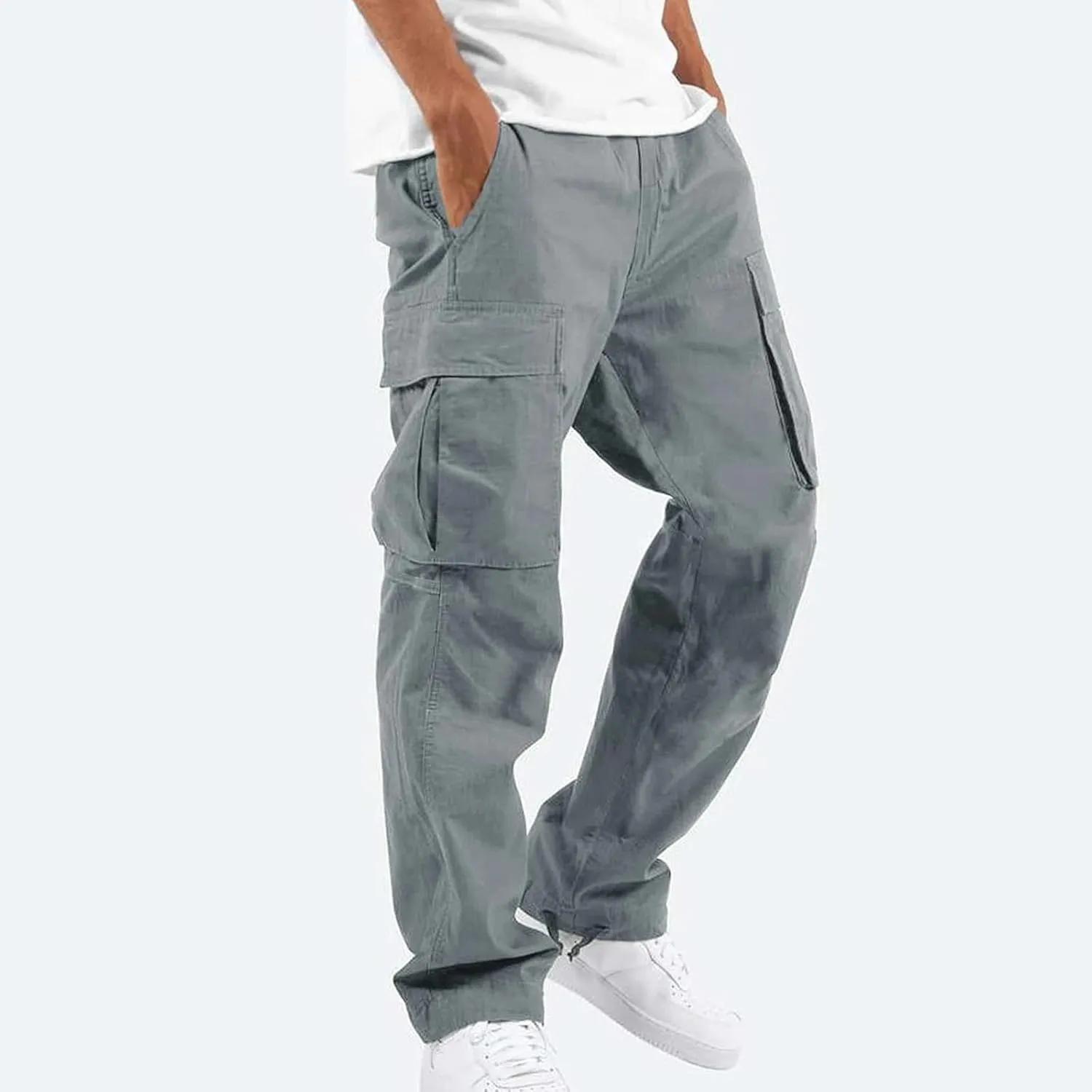 Mens Pants Cargo Drawstring Elastic Waist Sweatpants with Zipper Pockets Relaxed Fit Baggy Pants Joggers Trousers