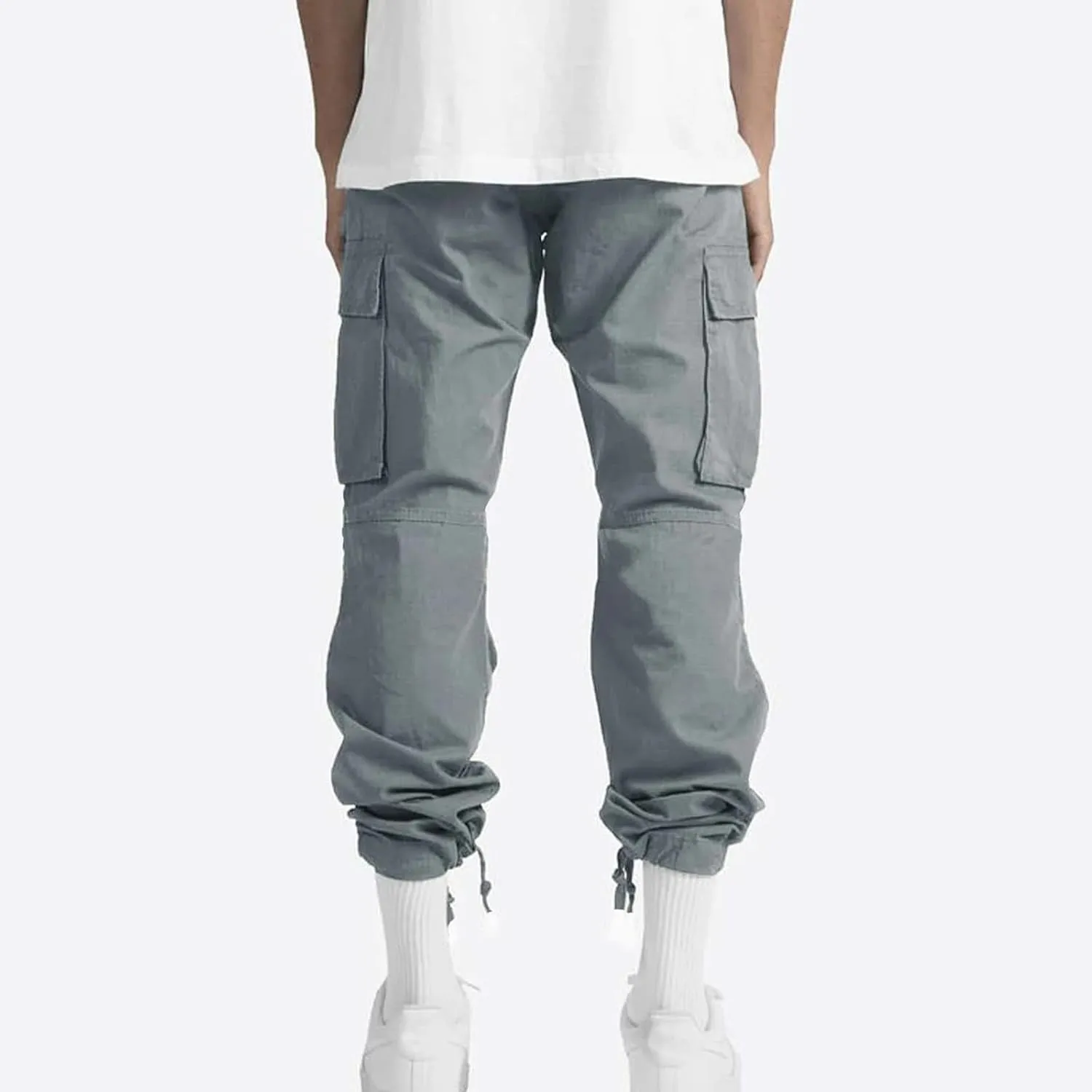 Mens Pants Cargo Drawstring Elastic Waist Sweatpants with Zipper Pockets Relaxed Fit Baggy Pants Joggers Trousers