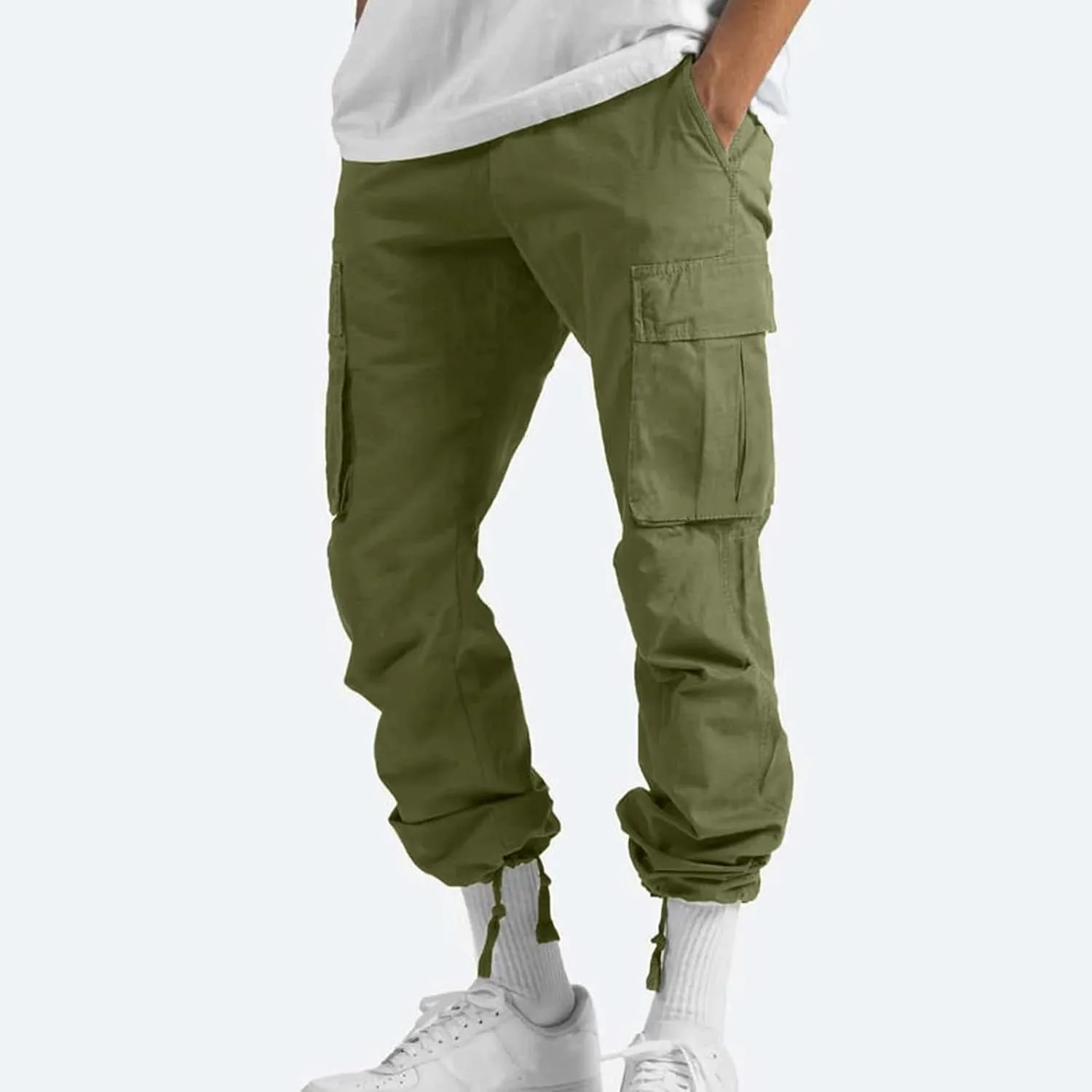 Mens Pants Cargo Drawstring Elastic Waist Sweatpants with Zipper Pockets Relaxed Fit Baggy Pants Joggers Trousers