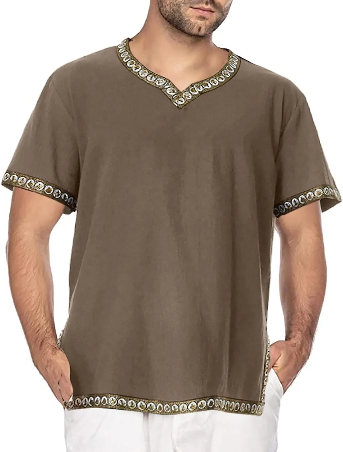 Mens Plus Size Cotton Linen Shirt V Neck Short Sleeve Casual Loose T-Shirt Lightweight Flowy Trend Summer Outdoor Travel Tees