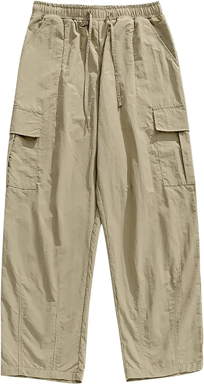 Mens Plus Size Lightweight Cargo Pants Military Combat Hiking Trouser Drawstring Multi Pockets Solid Color Versatile Overalls
