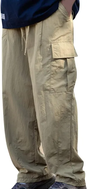 Mens Plus Size Lightweight Cargo Pants Military Combat Hiking Trouser Drawstring Multi Pockets Solid Color Versatile Overalls