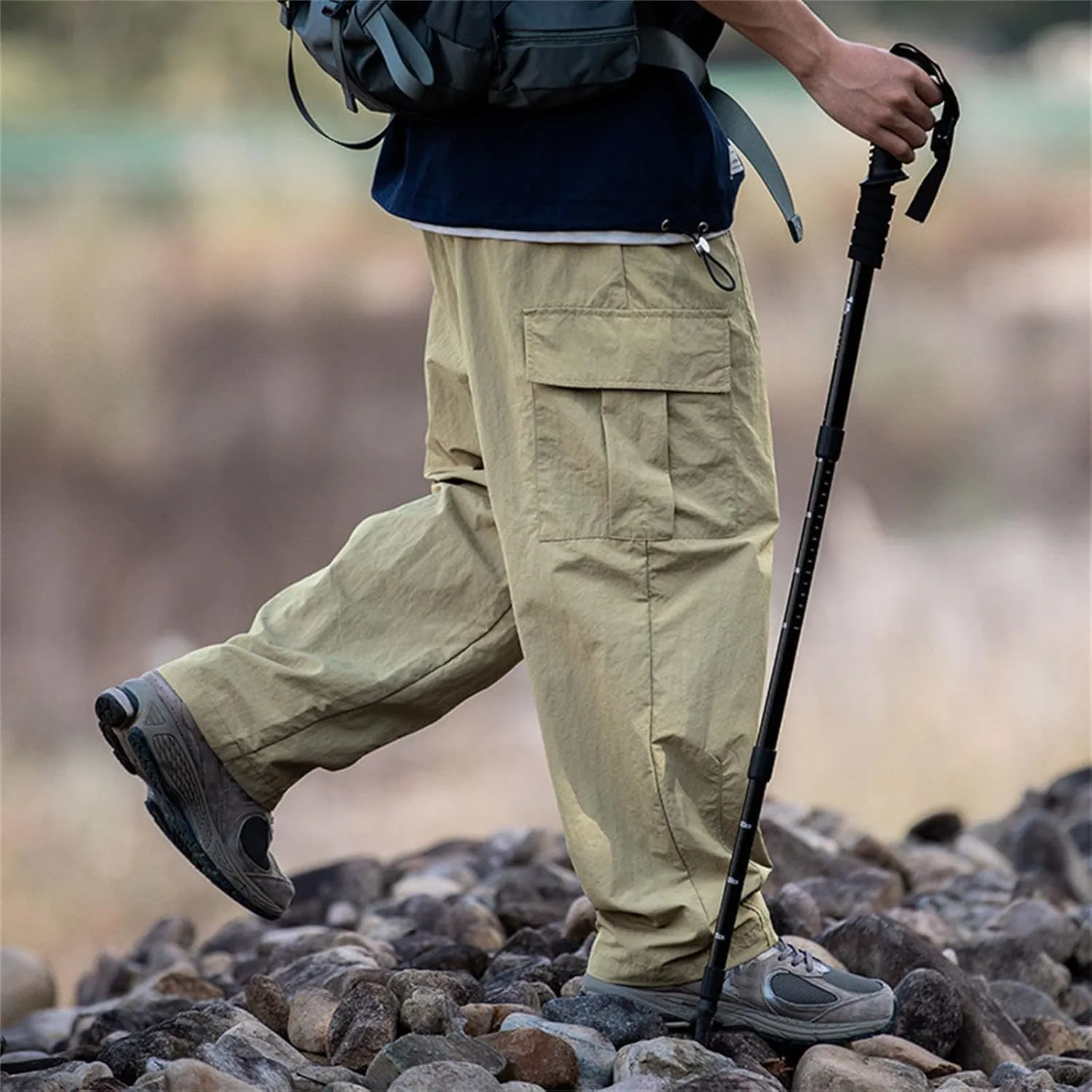 Mens Plus Size Lightweight Cargo Pants Military Combat Hiking Trouser Drawstring Multi Pockets Solid Color Versatile Overalls