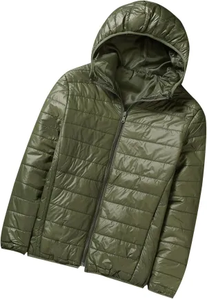Men's Puffer Jacket Lightweight Packable Down Coat Hooded Quilted Jacket Padded Insulated Coat Thermal Outwear